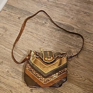 Gold and Brown Chevron Crossbody Bag with Flap Closure